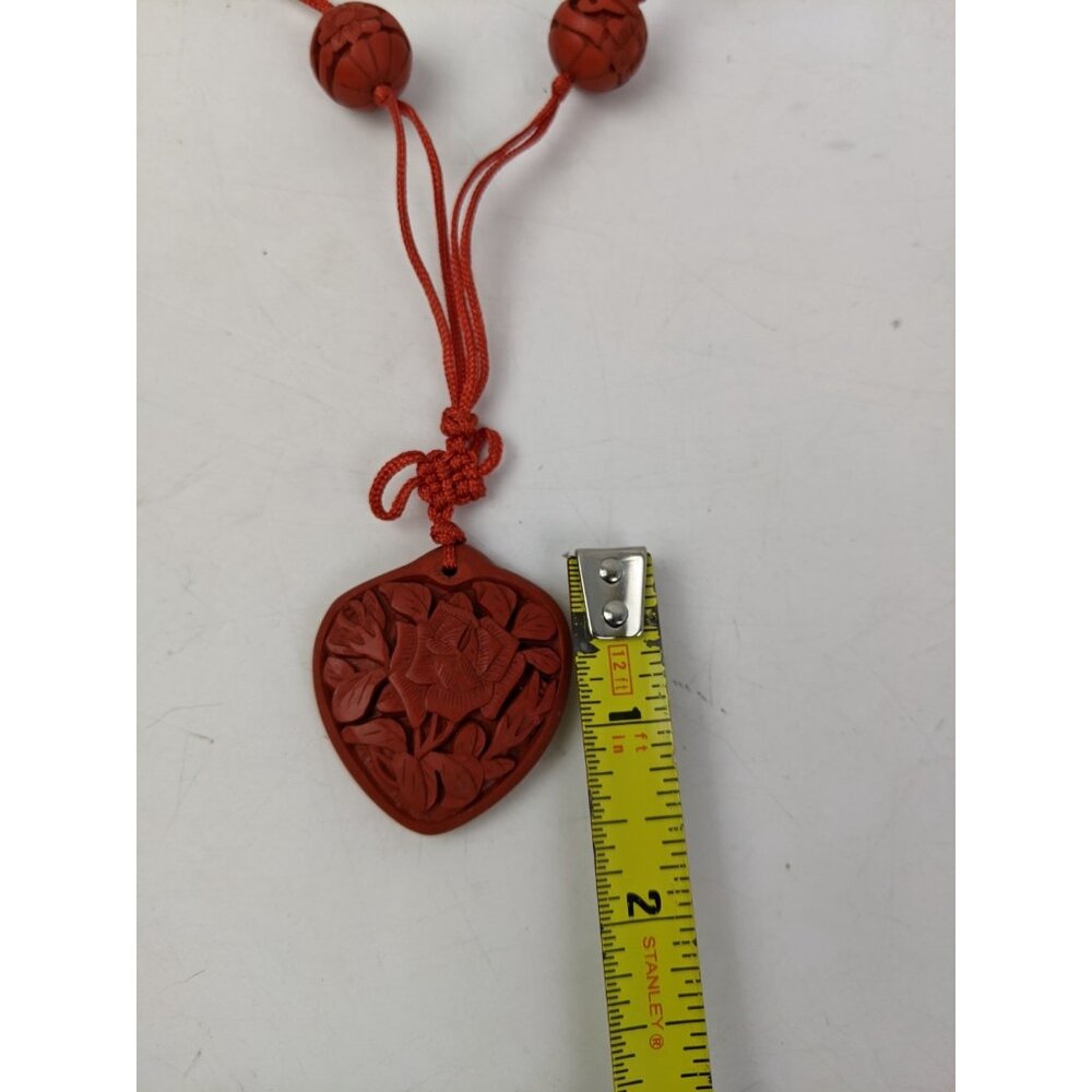 Vintage Cinnabar Carved Floral Heart Pendant Necklace - Picture 6 of 8